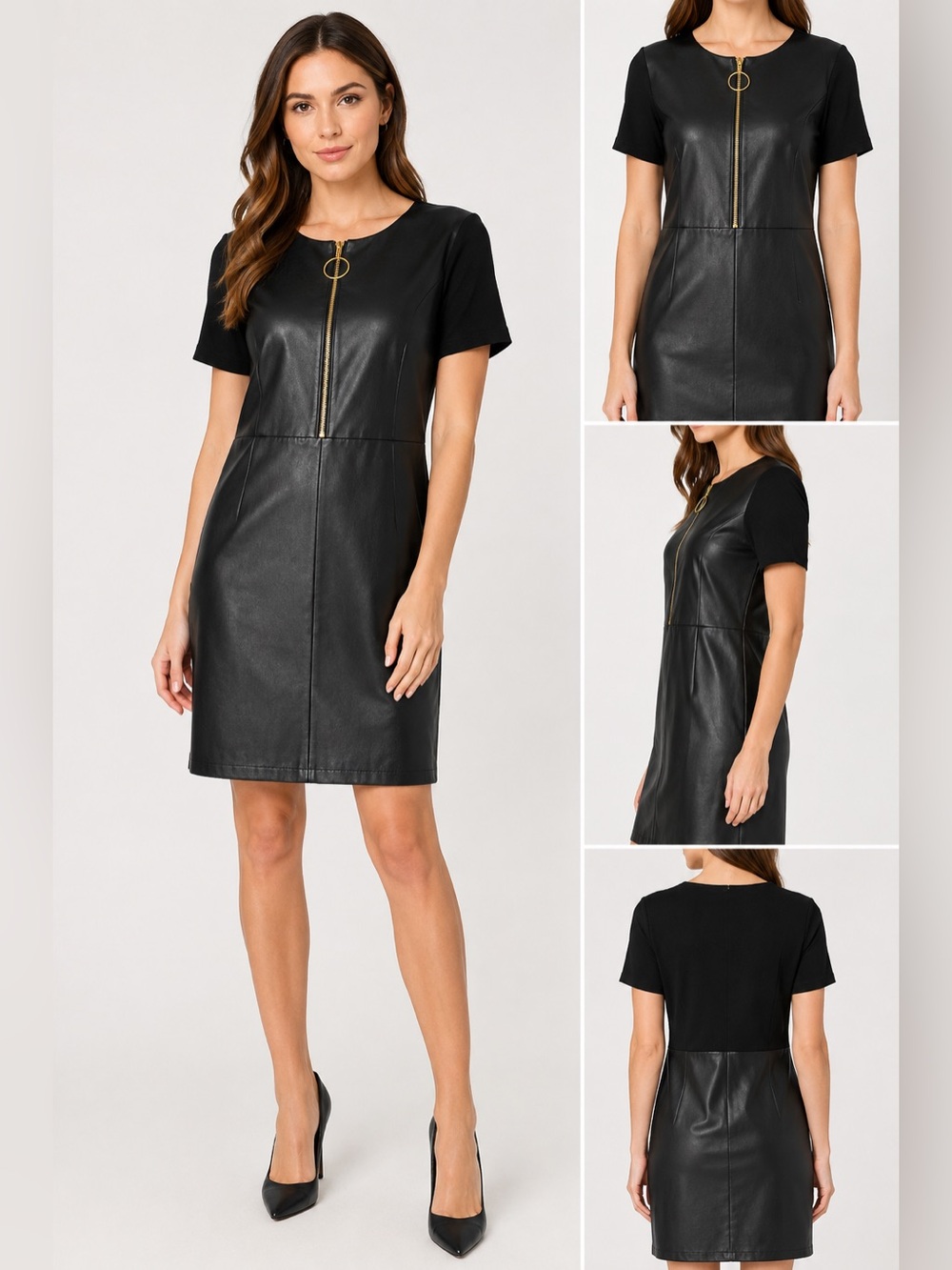 Nanette Lepore Black Faux Leather Zip-Front Shift Dress with Gold Hardware